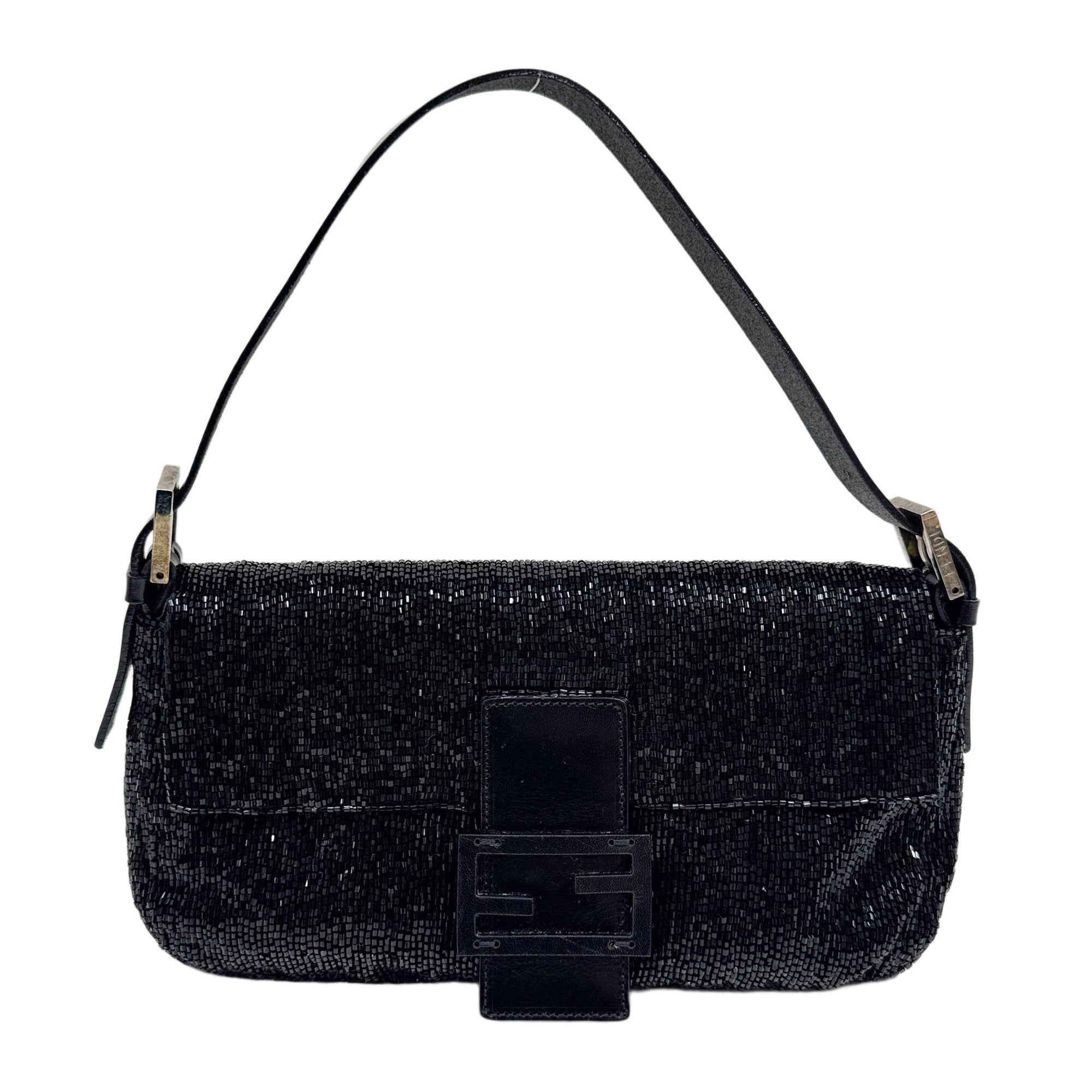 Baguette Leather Trim Black Beaded Shoulder Bag