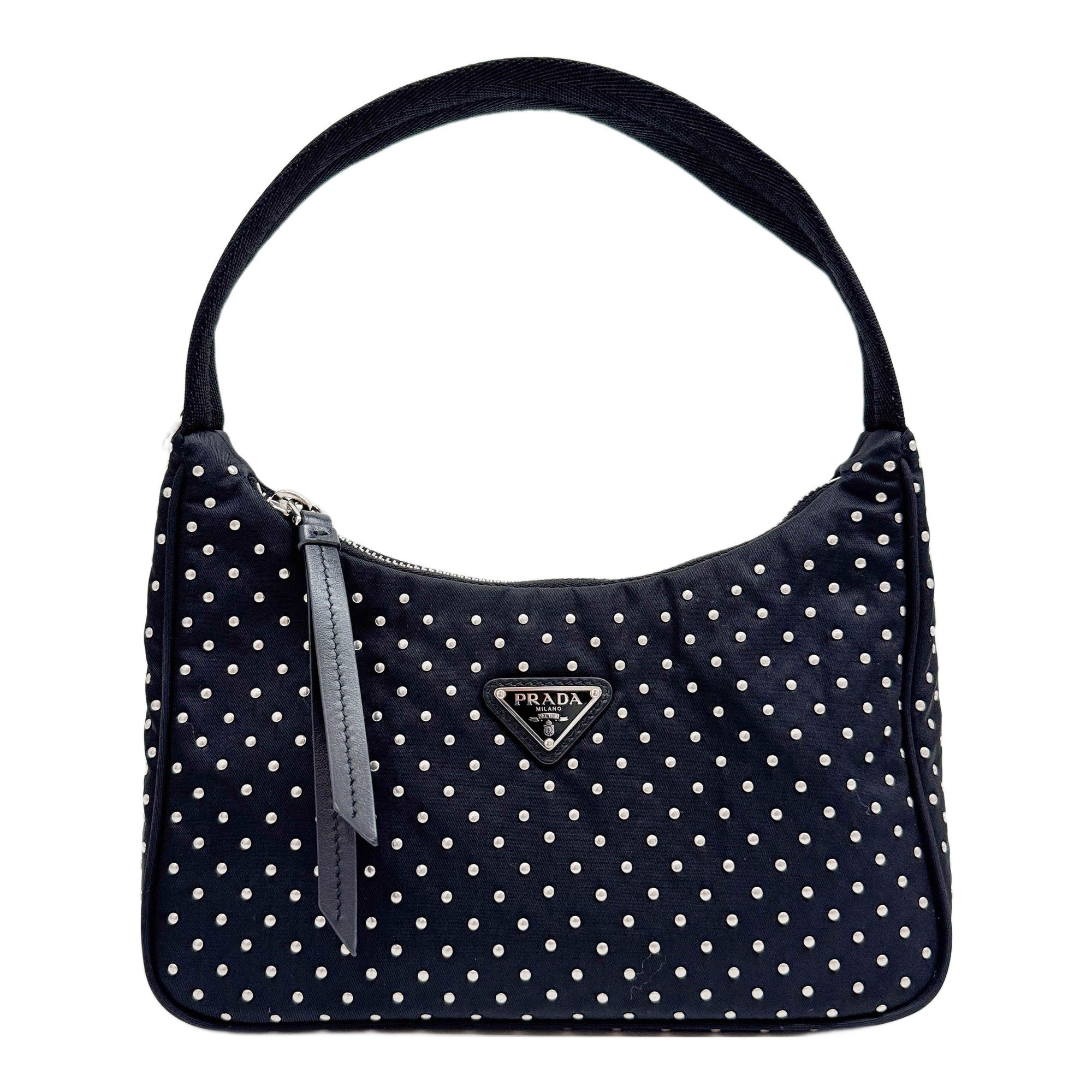 Tessuto Stud Embellished Black Nylon Shoulder Bag