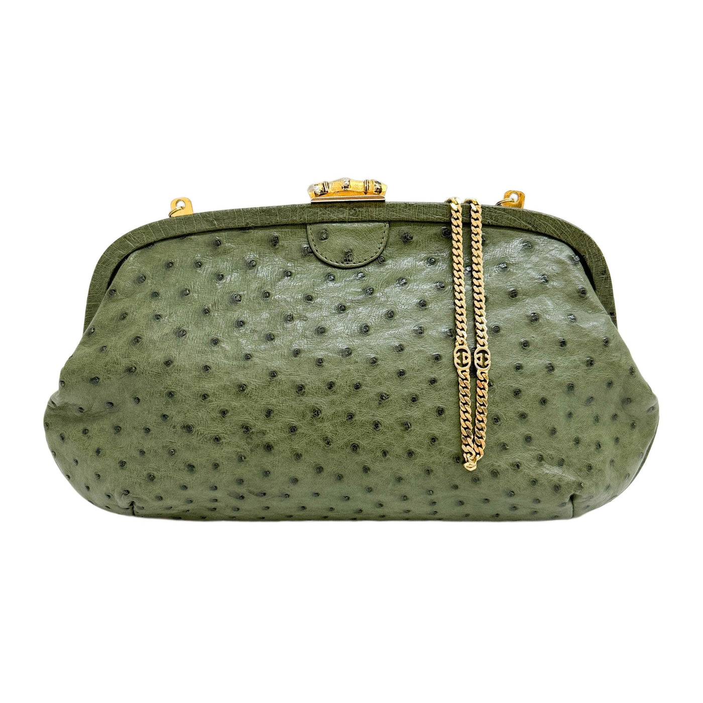 Bamboo Design Closure Gold Chain Green Ostrich Embossed Leather Clutch Bag