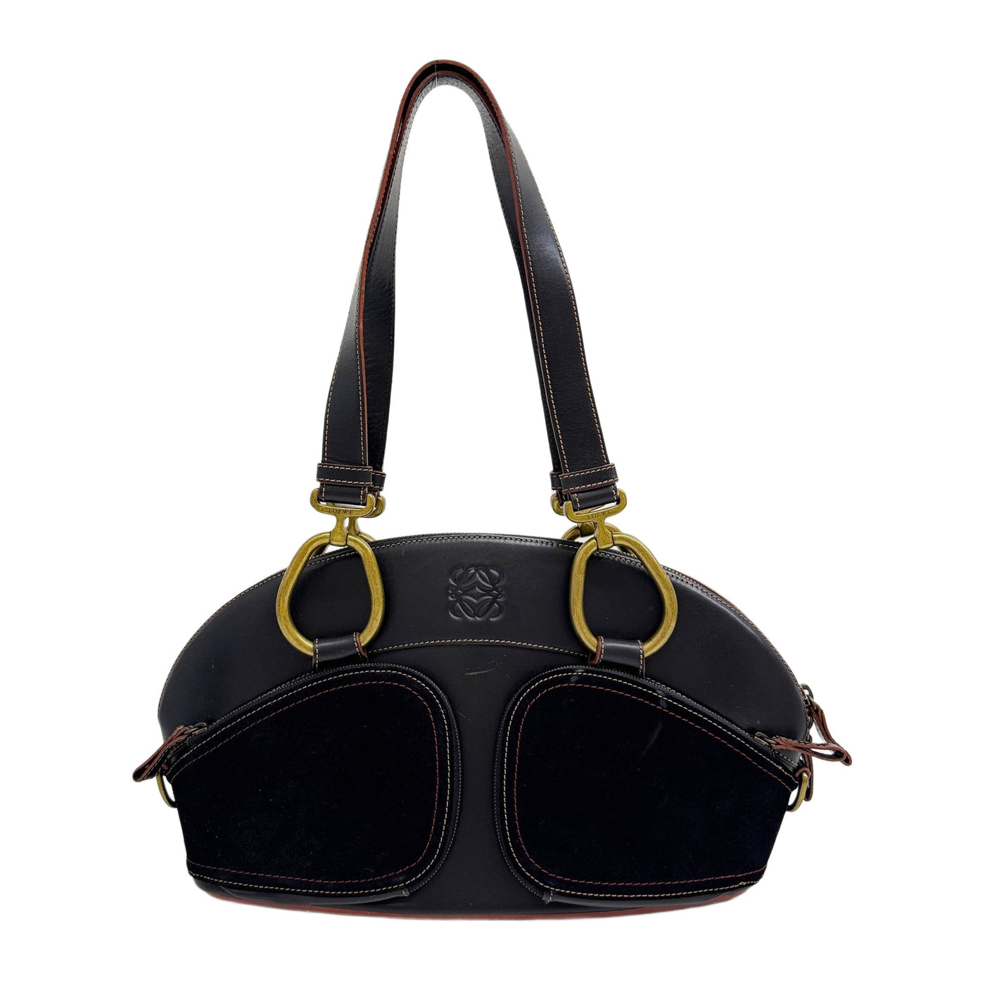 Anagram Suede Pockets Black Leather Shoulder Bag