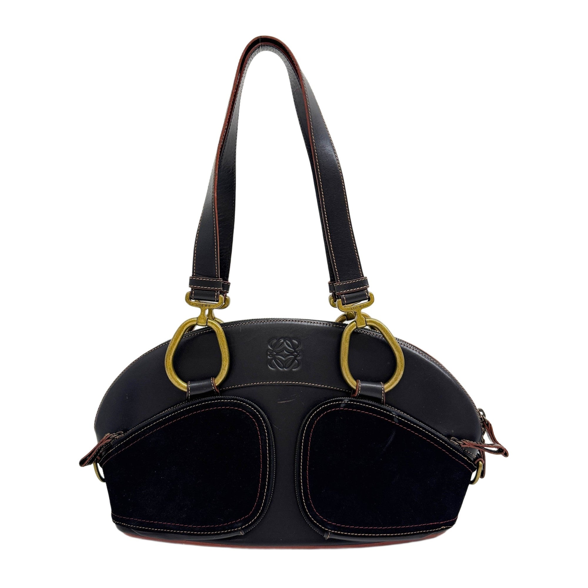 Anagram Suede Pockets Black Leather Shoulder Bag