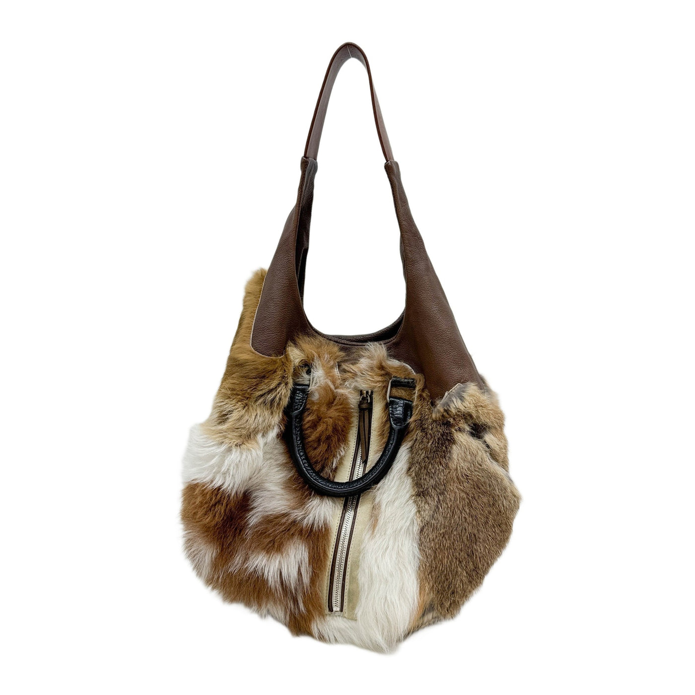 Leather Trim Brown Multi-Fur Two Way Bag