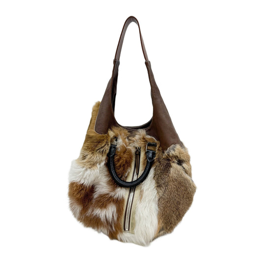 Leather Trim Brown Multi-Fur Two Way Bag