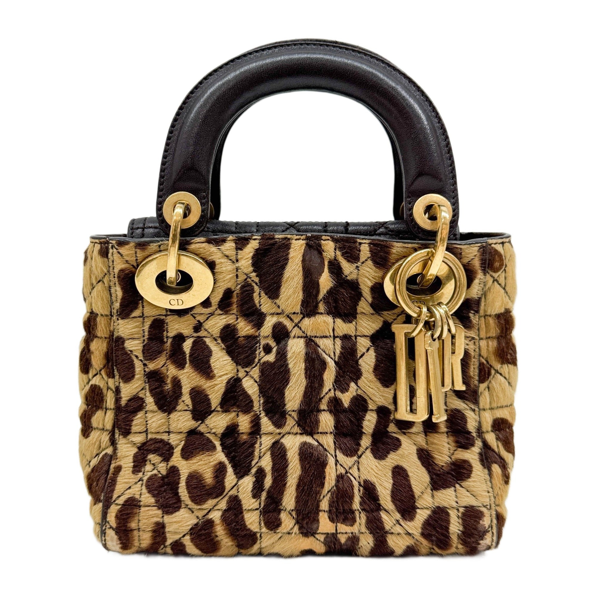Mini Lady Dior Cannage Brown Cheetah Print Pony Hair Two Way Bag