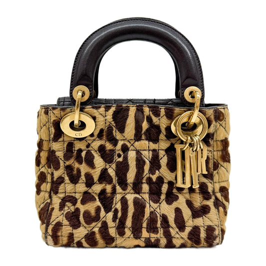Mini Lady Dior Cannage Brown Cheetah Print Pony Hair Two Way Bag