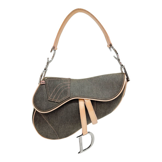 Saddle Beige Leather Trim Grey Denim Shoulder Bag