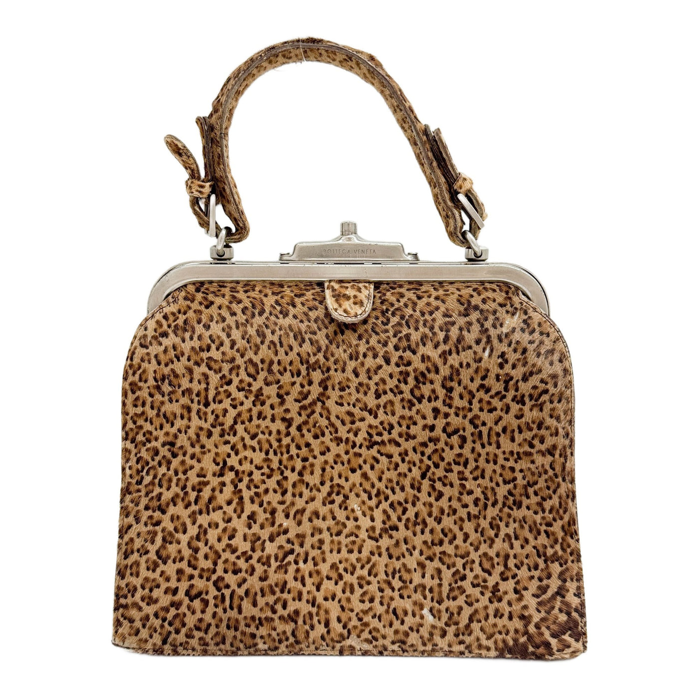 Push Lock Brown Leopard Print Pony Hair Hand Bag