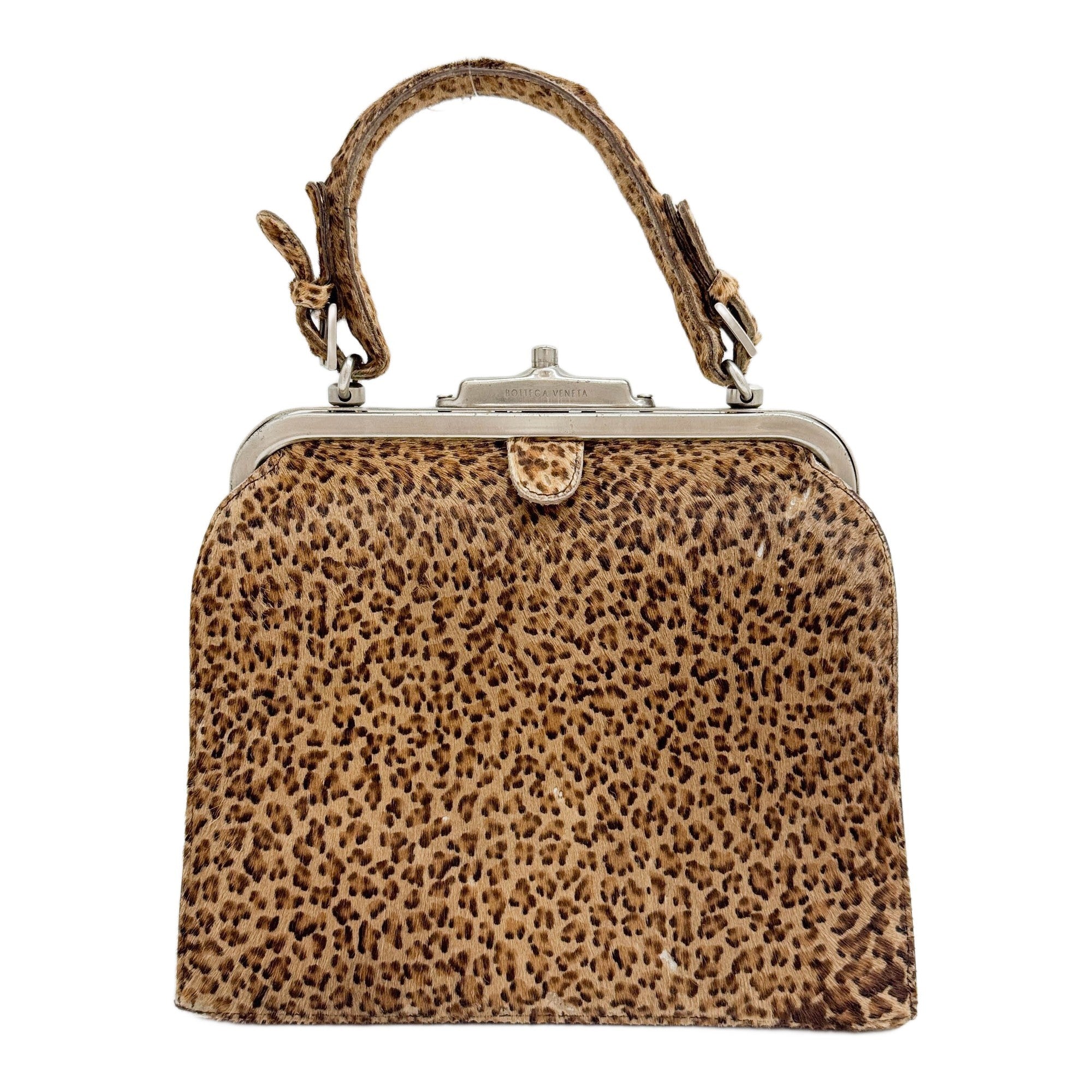 Push Lock Brown Leopard Print Pony Hair Hand Bag