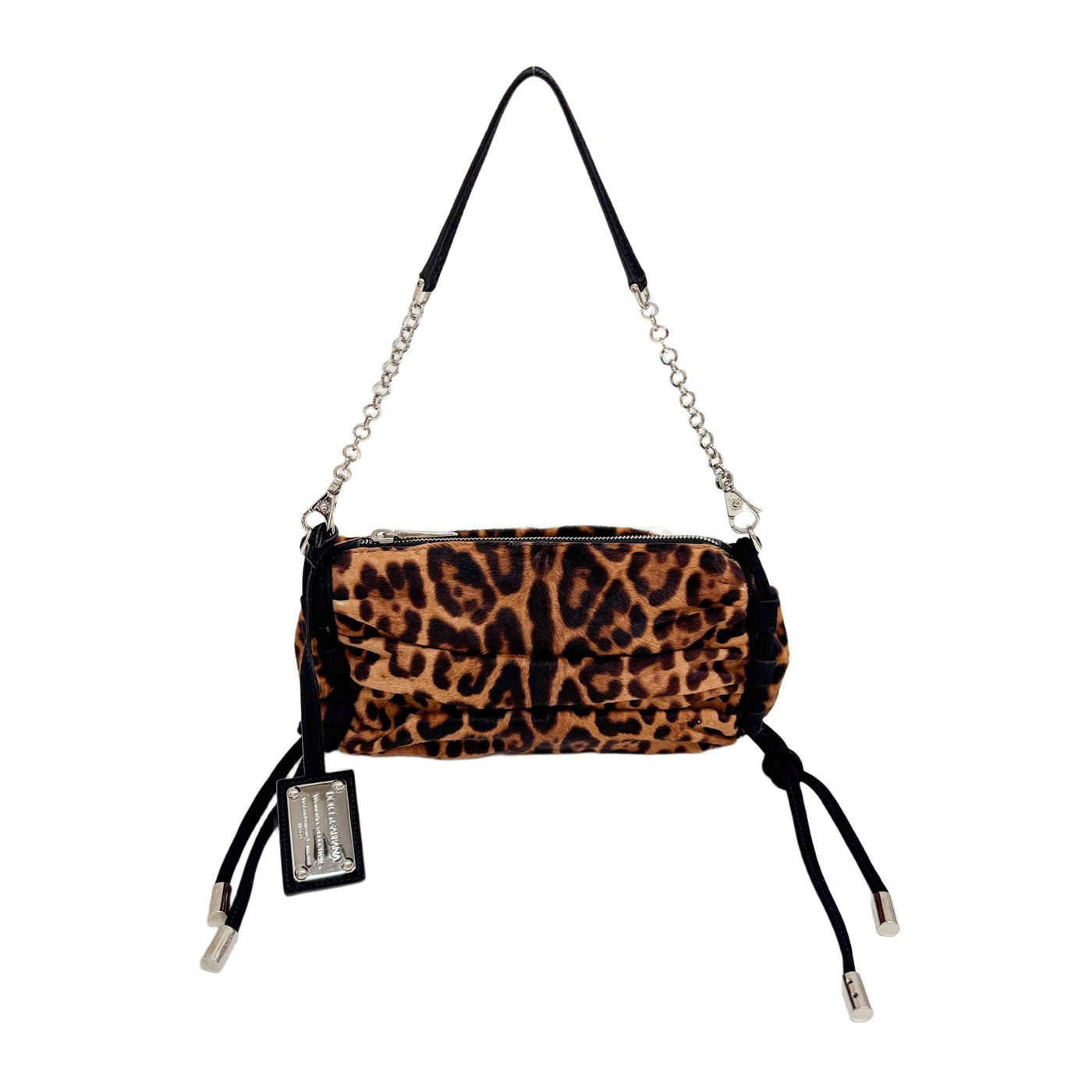 Logo Plaque Chain Strap Brown Leopard Print Pony Hair Hand Bag