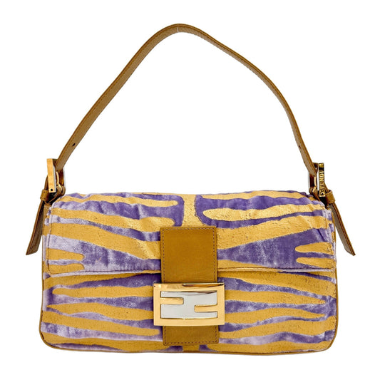 Baguette Purple Velvet Zebra Print Gold Leather Shoulder Bag