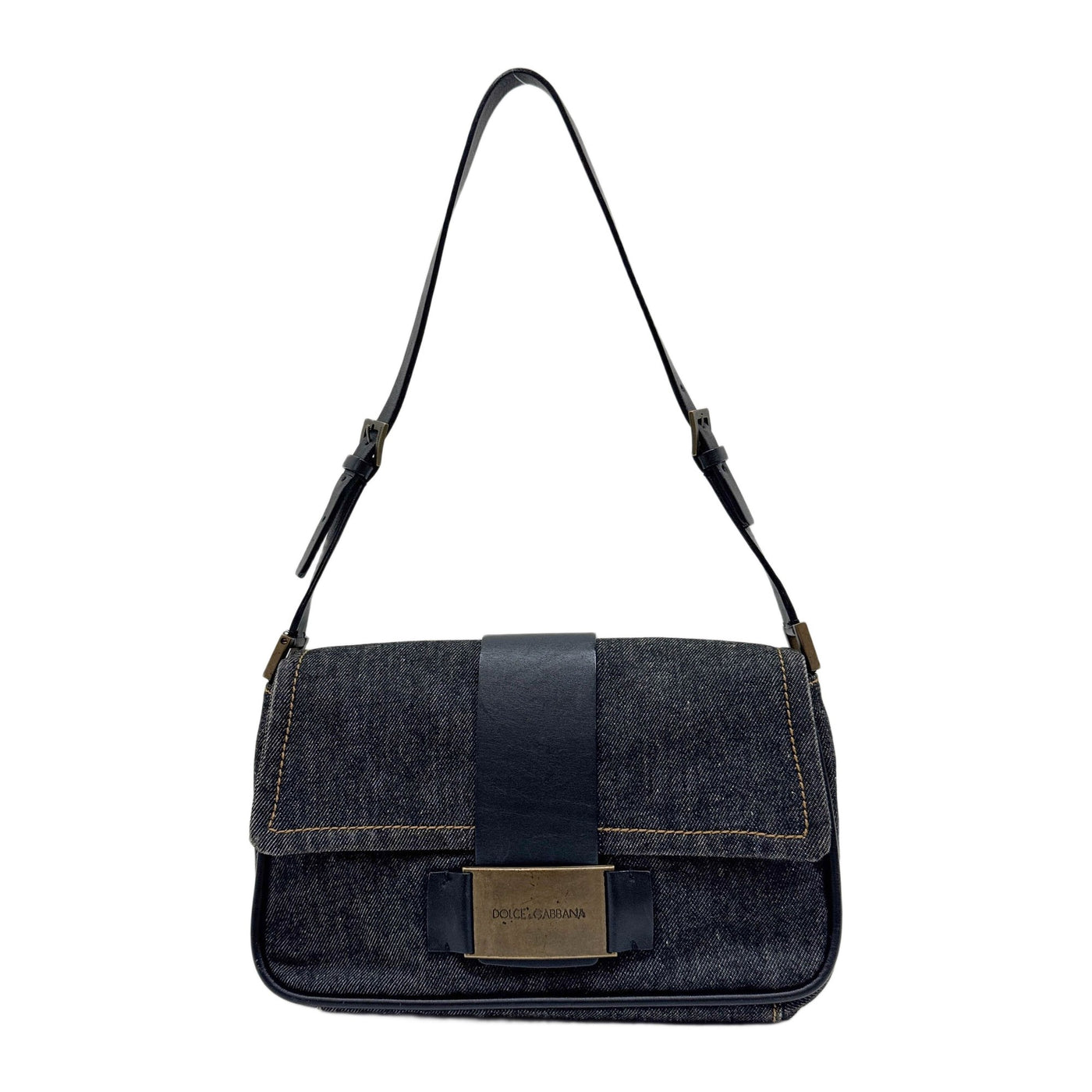 Black Leather Trim Navy Denim Flap Shoulder Bag