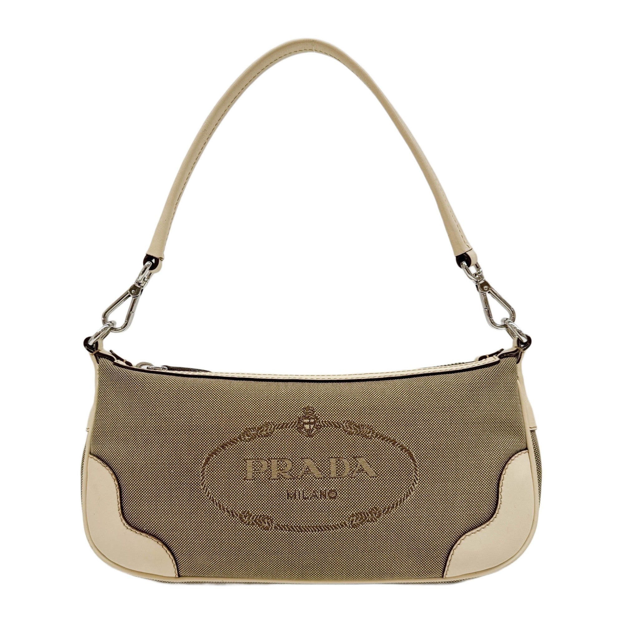 Beige Leather Trim Brown Jacquard Canvas Shoulder Bag