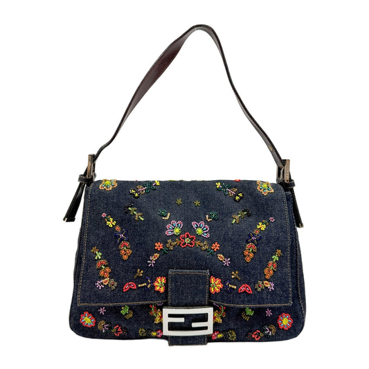 Mamma Baguette Flower Beaded Navy Denim Shoulder Bag
