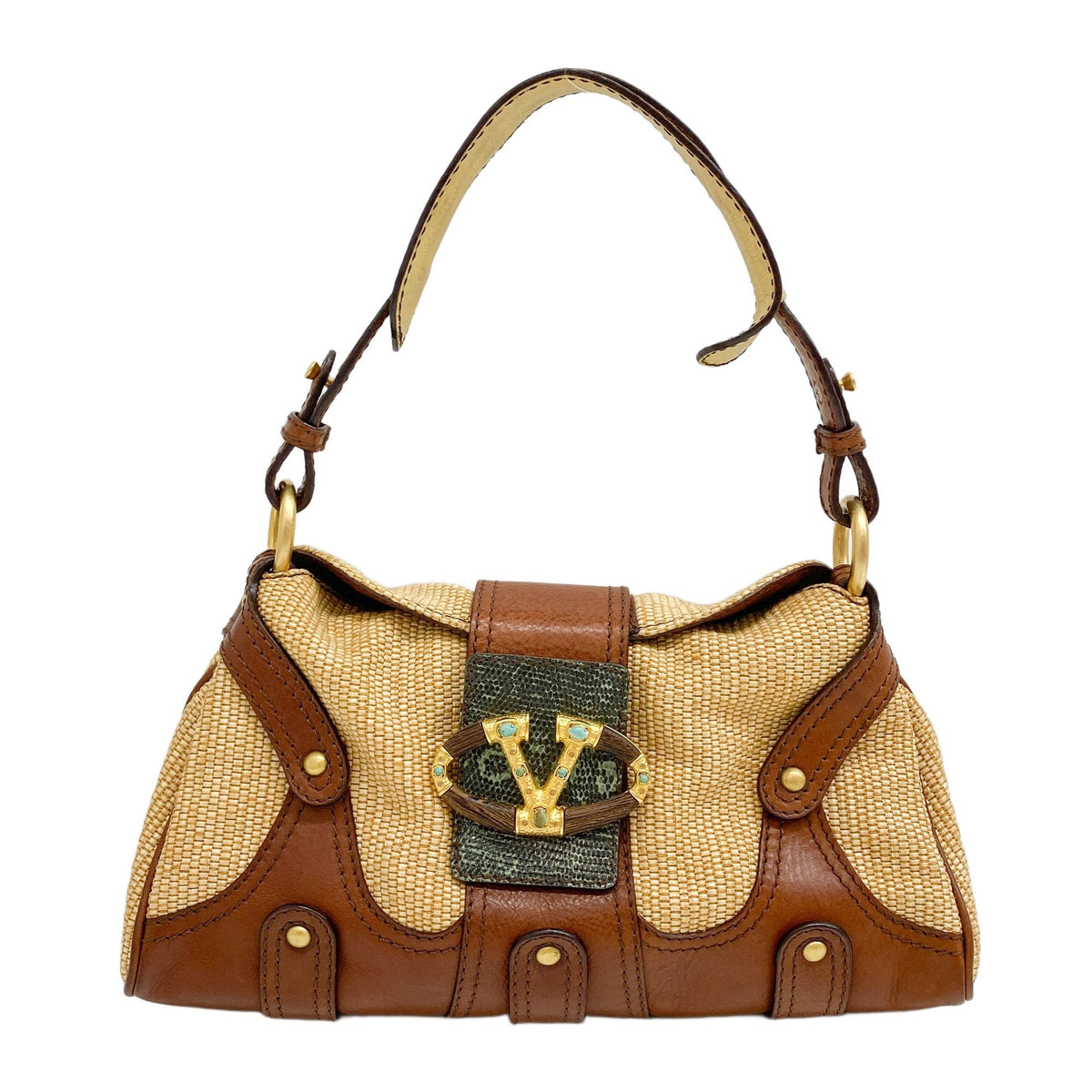 Beige Raffia & Brown Leather Shoulder Bag