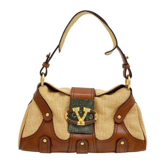 Beige Raffia & Brown Leather Shoulder Bag
