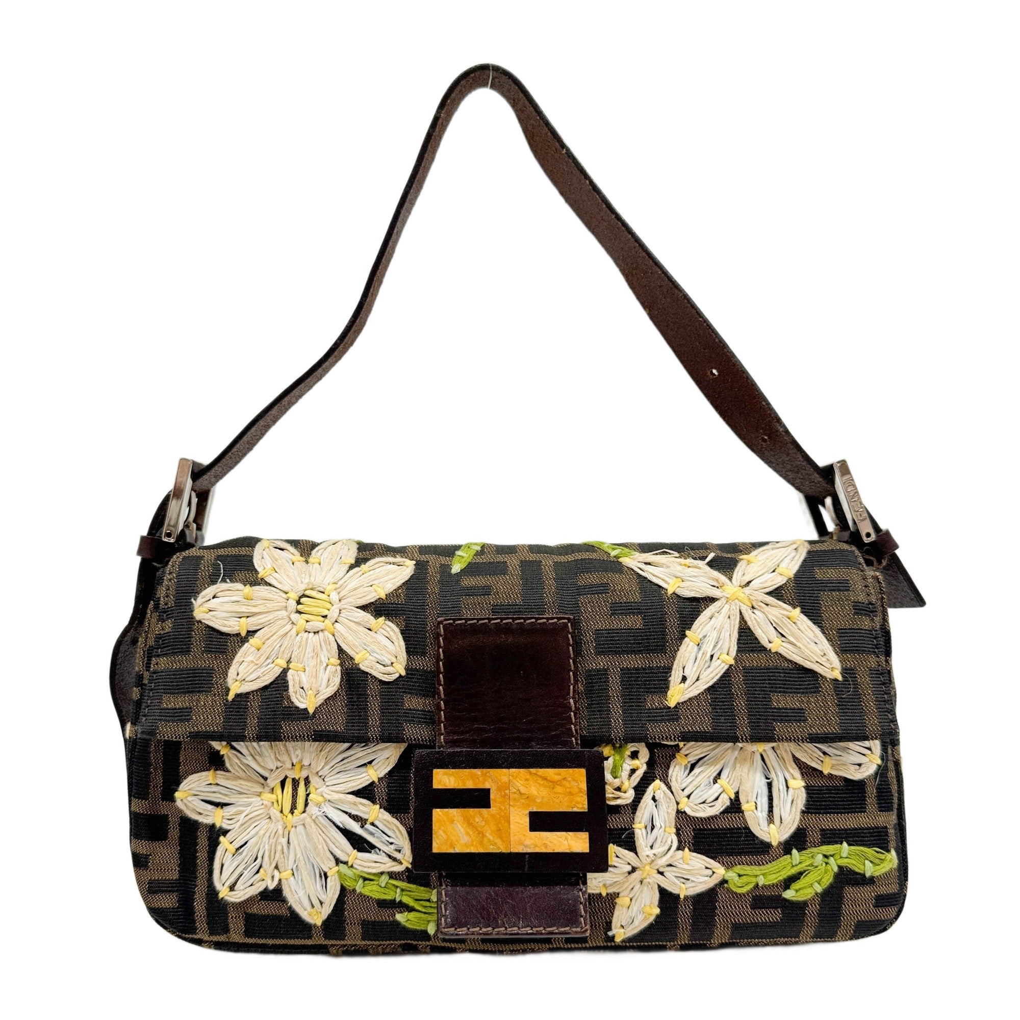 Baguette Floral Applique Brown Zucca Shoulder Bag