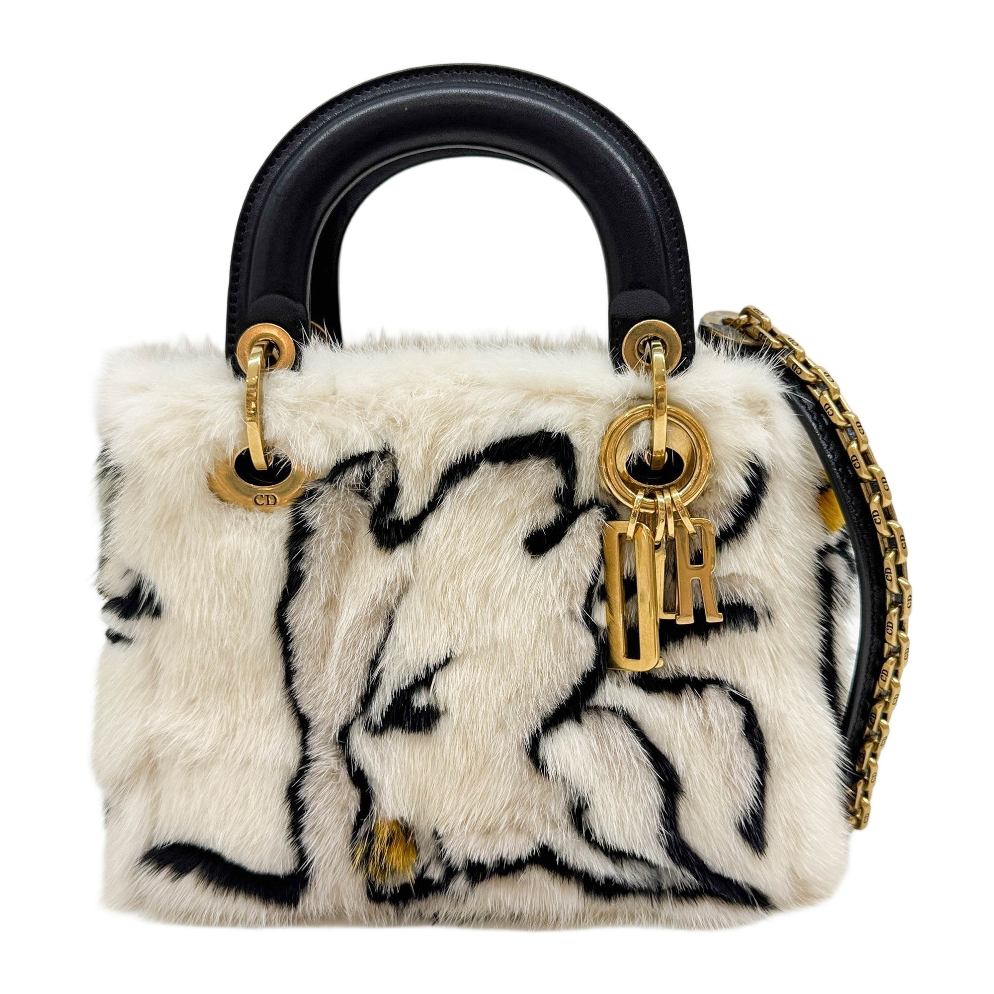 Mini Lady Dior Flower Painting White Fur Two Way Bag