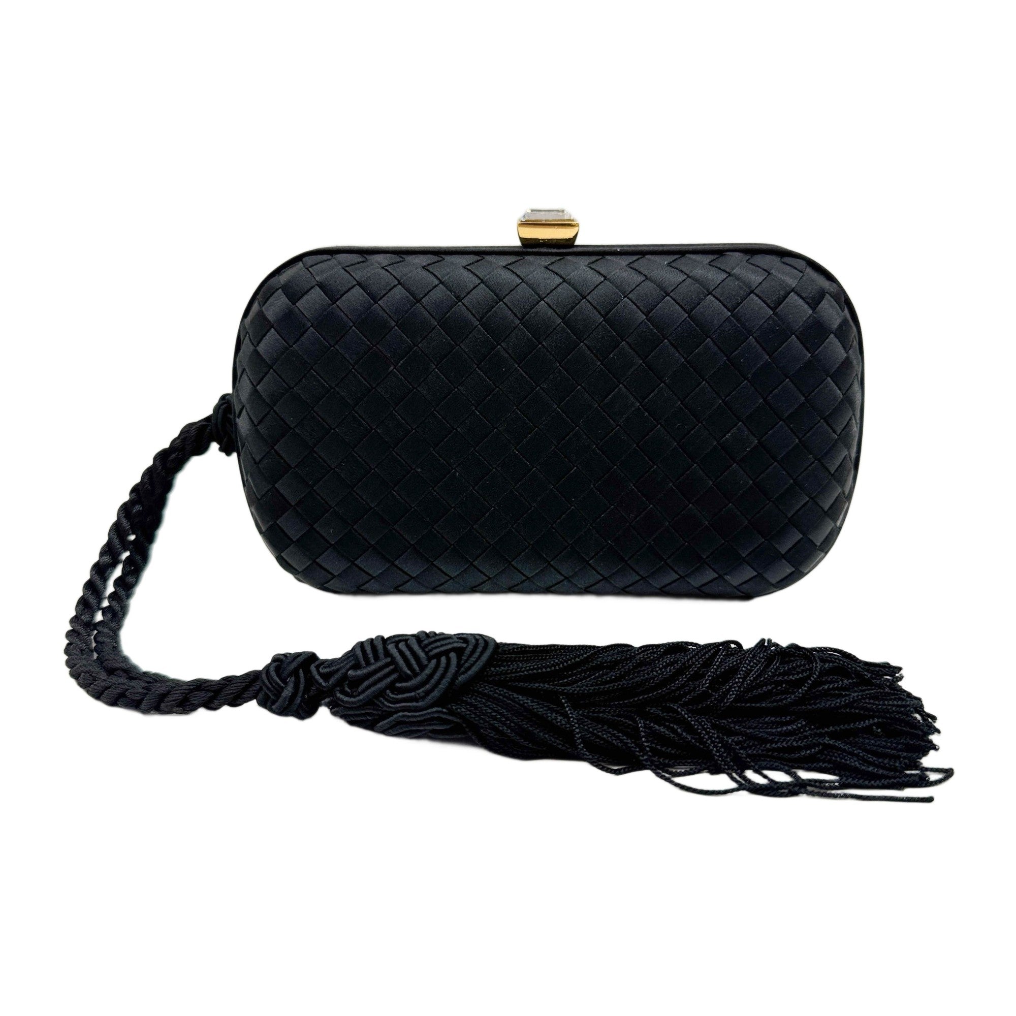 Intrecciato Fringe Black Satin Clutch Bag