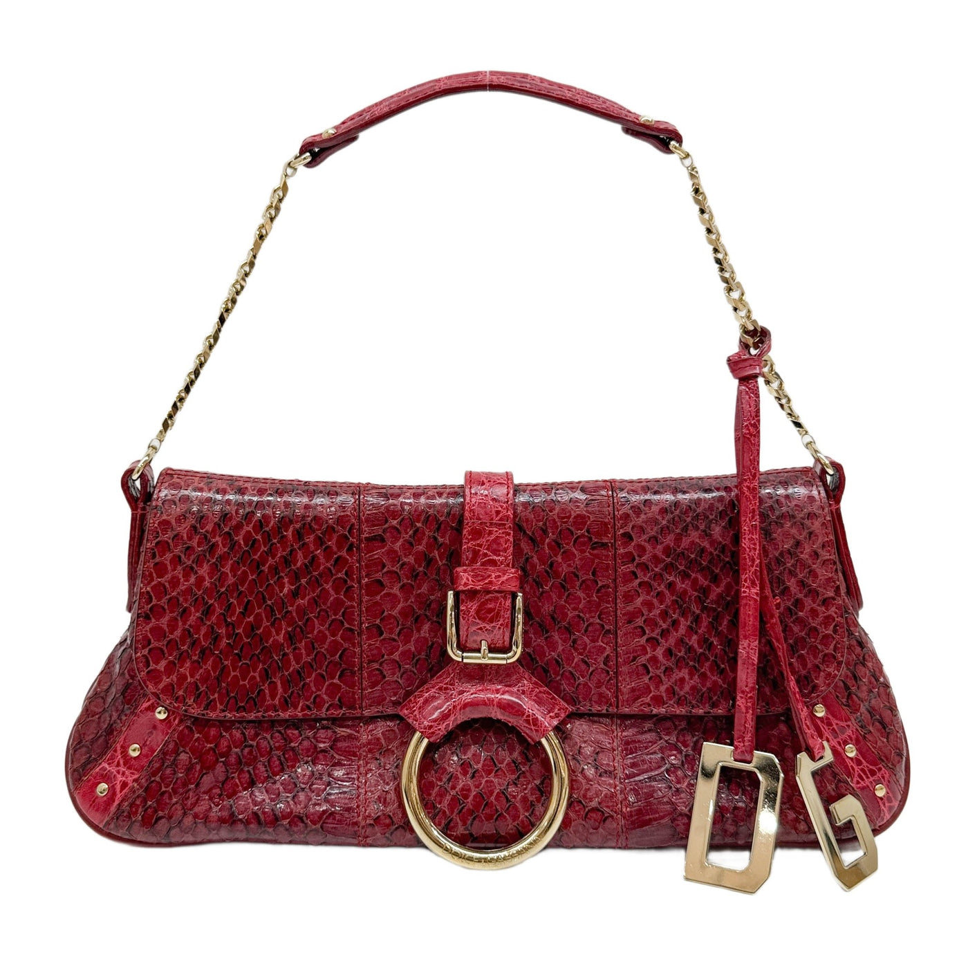 Red Python Embossed Leather Shoulder Bag