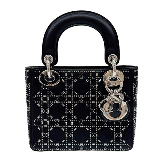 Mini Lady Dior Rhinestone Cannage Black Satin Two Way Bag