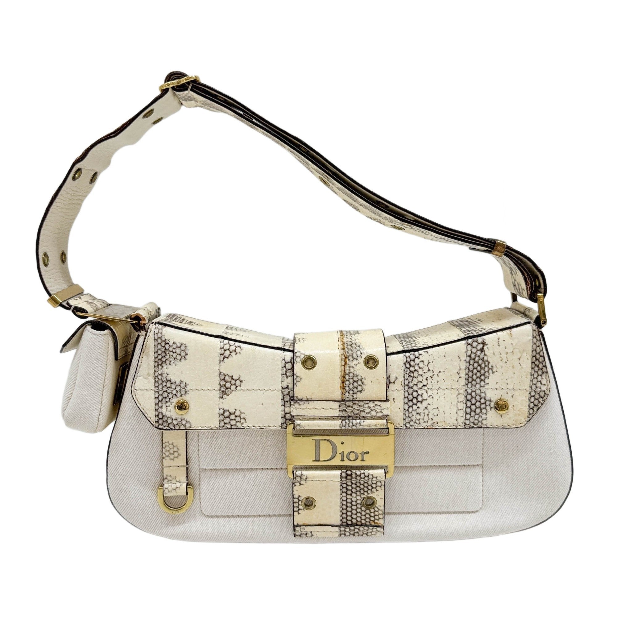 Street Chic Columbus Python Leather Trim White Denim Shoulder Bag