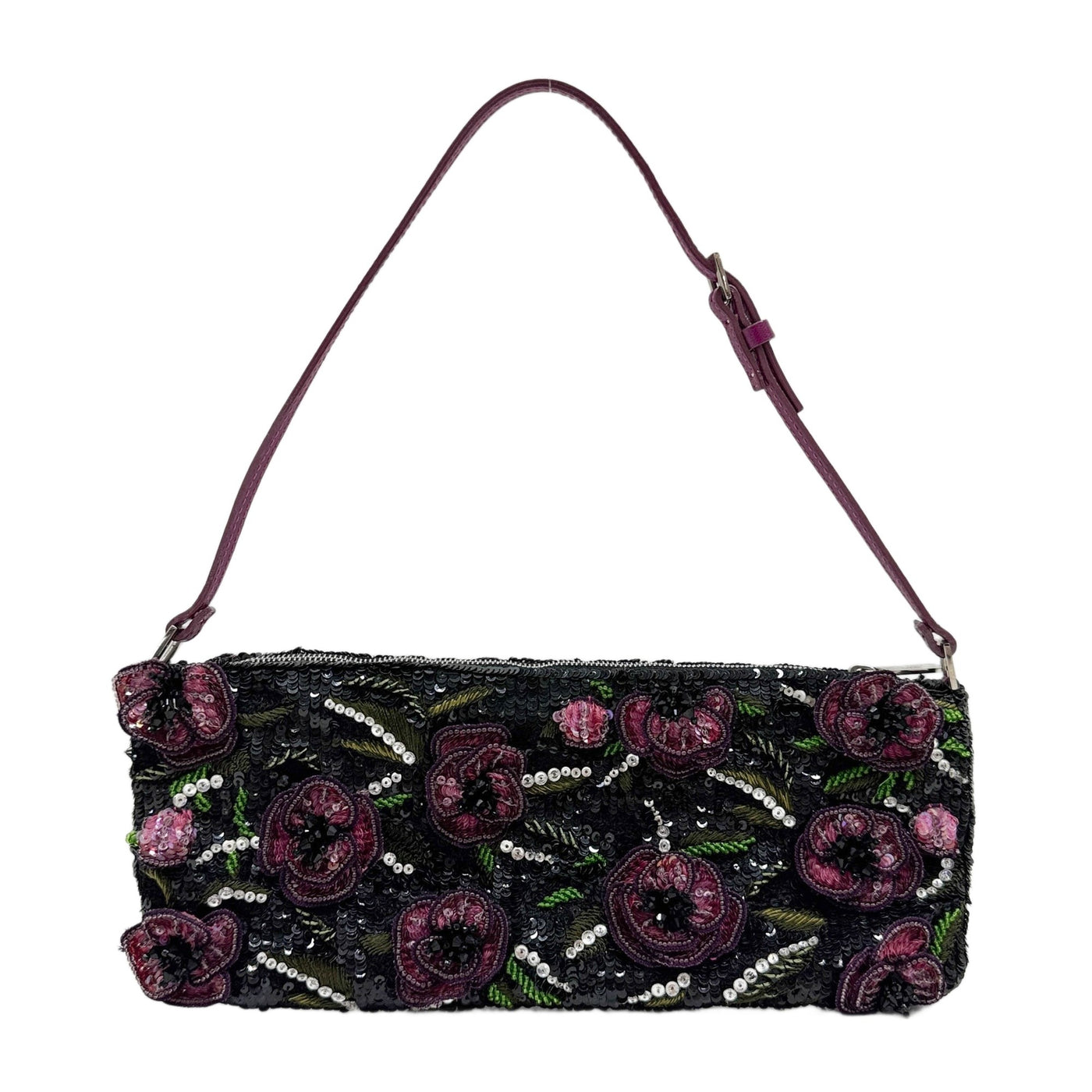 Purple Floral Applique Black Sequin Shoulder Bag