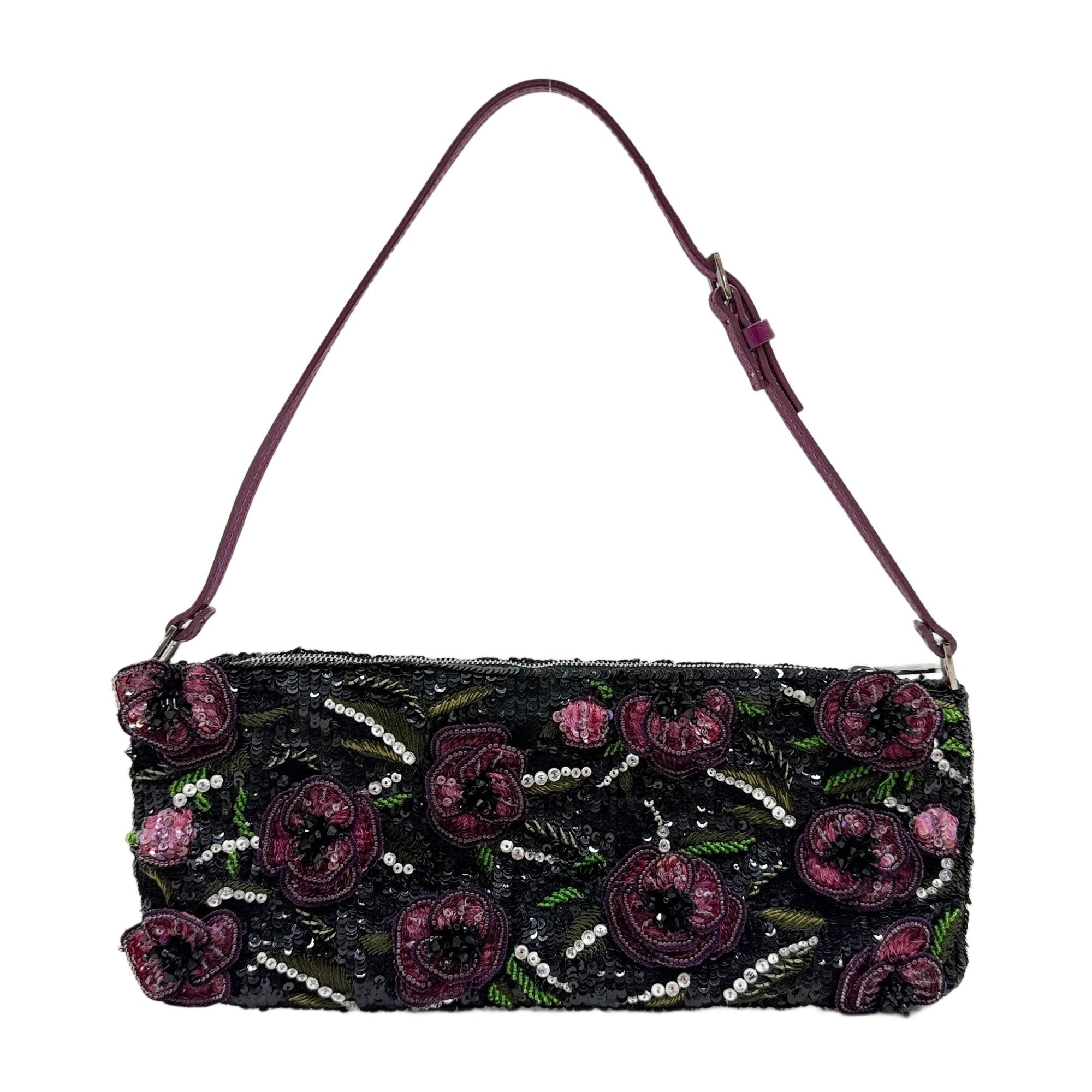 Purple Floral Applique Black Sequin Shoulder Bag
