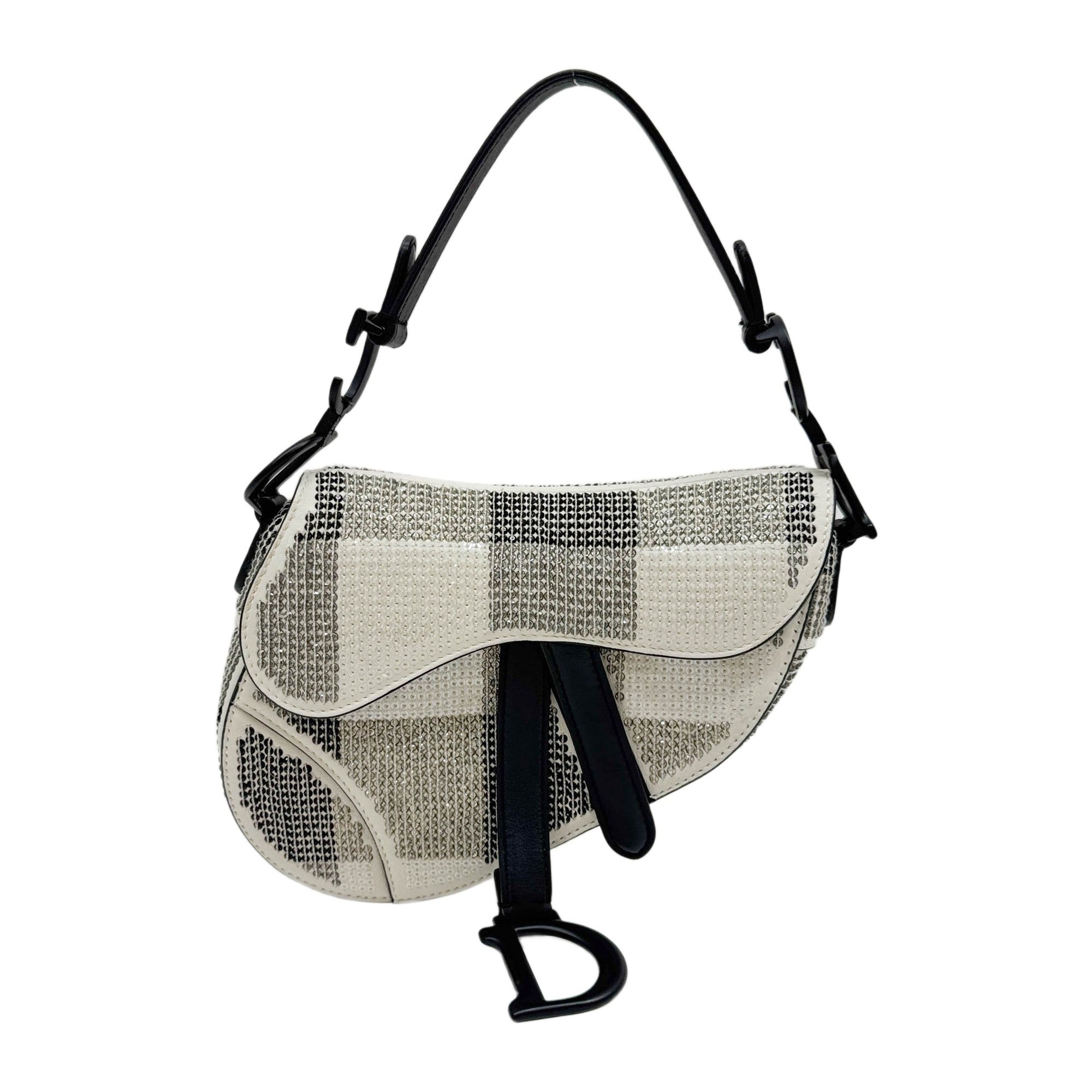 Mini Saddle Sequin & Rhinestone Embroidery White Leather Two Way Bag