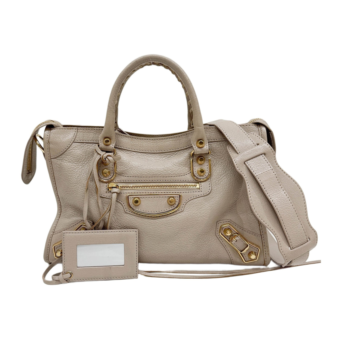 Small Classic Metallic Edge City Gold Hardware Beige Leather Two Way Bag