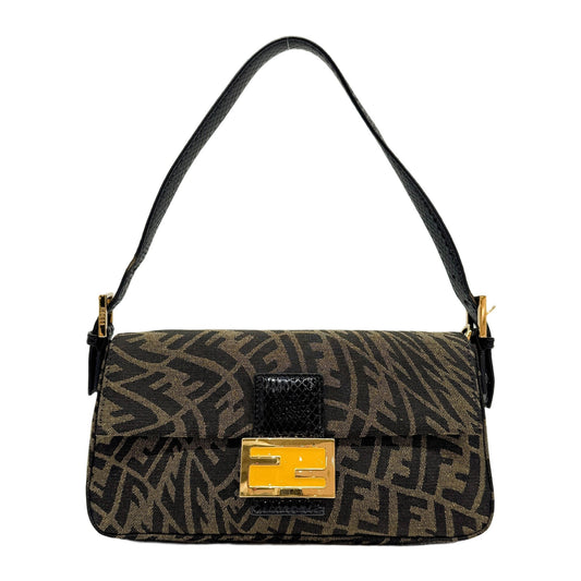 Fendi x Sarah Coleman Black Python Trim Brown Vertigo FF Jacquard Canvas Shoulder Bag