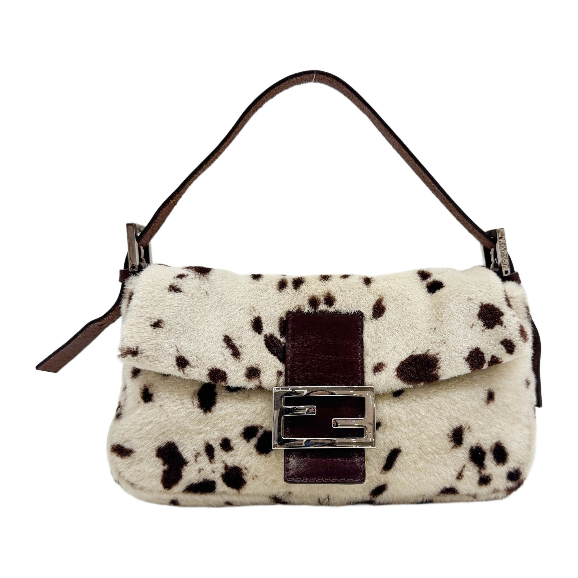 Baguette White Dalmatian Print Pony Hair Shoulder Bag