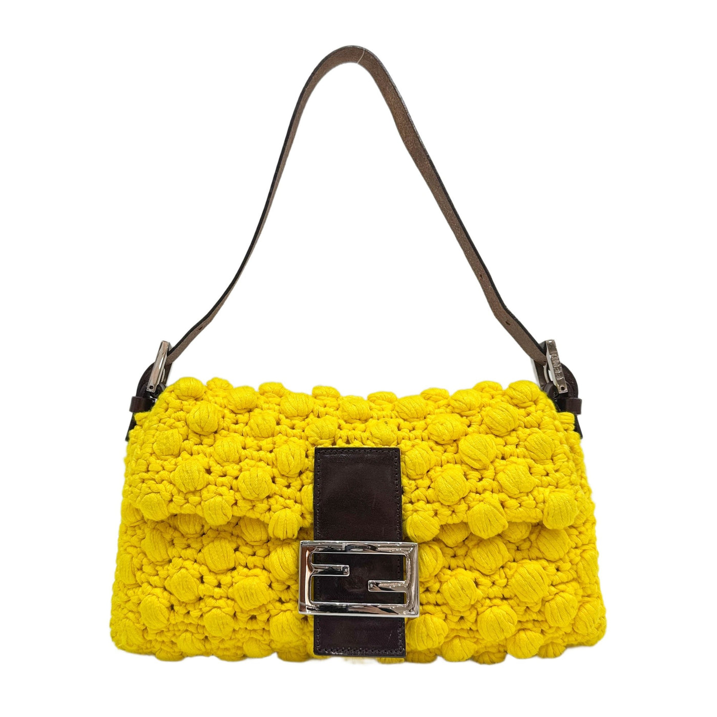 Baguette Leather Trim Popcorn Knit Crochet Yellow Wool Shoulder Bag
