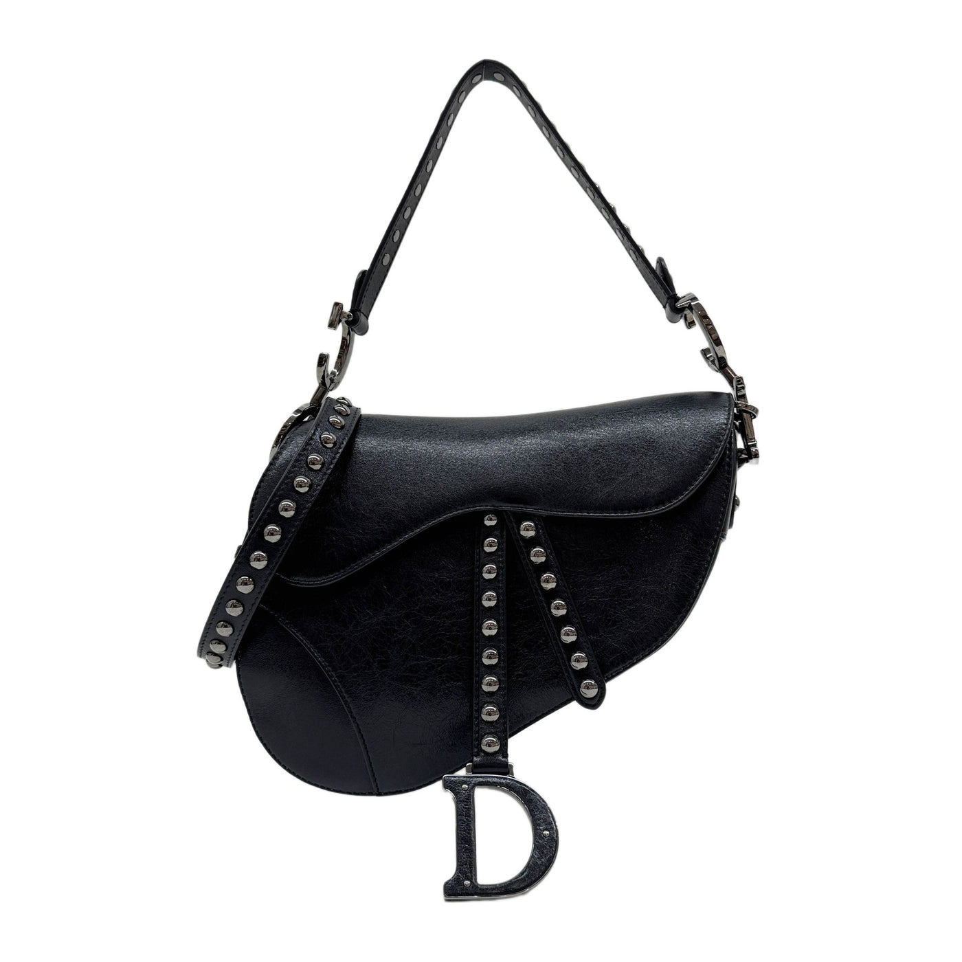 Saddle Metal Studs Black Crinkled Leather Two Way Bag