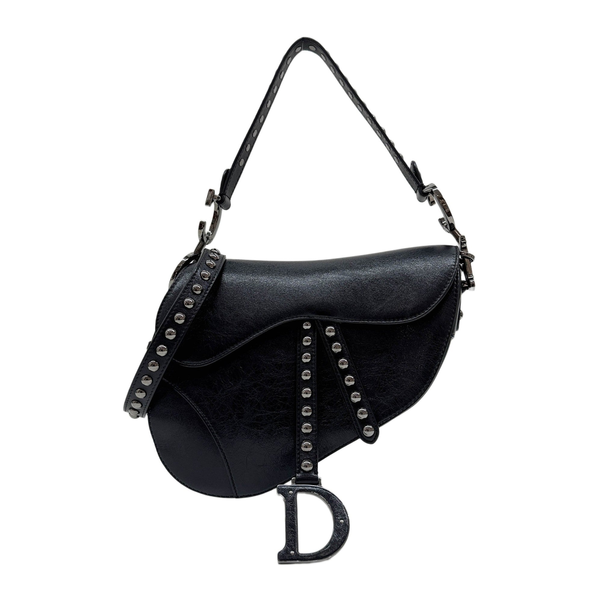 Saddle Metal Studs Black Crinkled Leather Two Way Bag