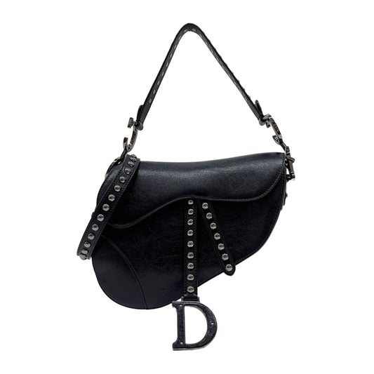 Saddle Metal Studs Black Crinkled Leather Two Way Bag