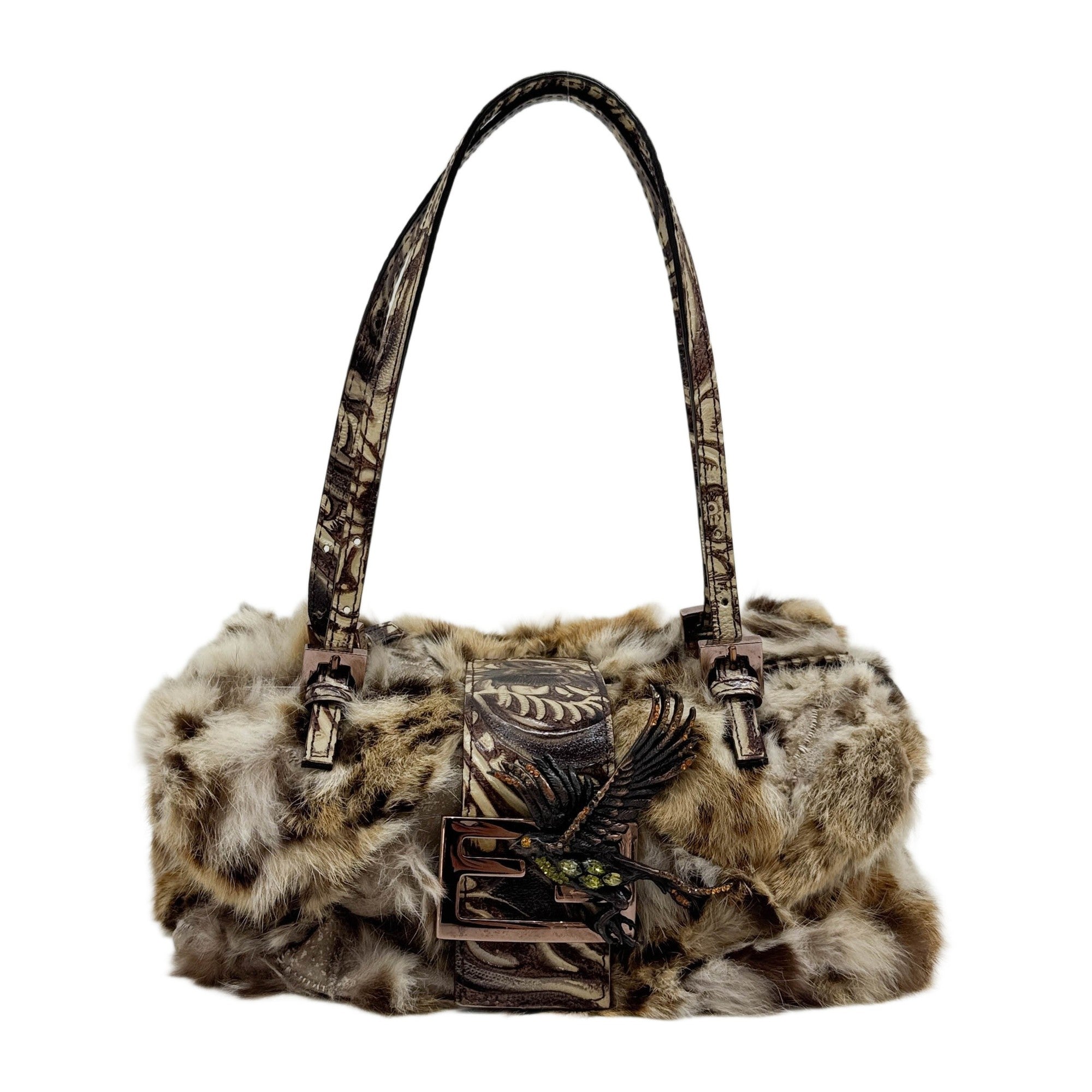 Bejeweled Bird Brown Animal Print Fur Shoulder Bag