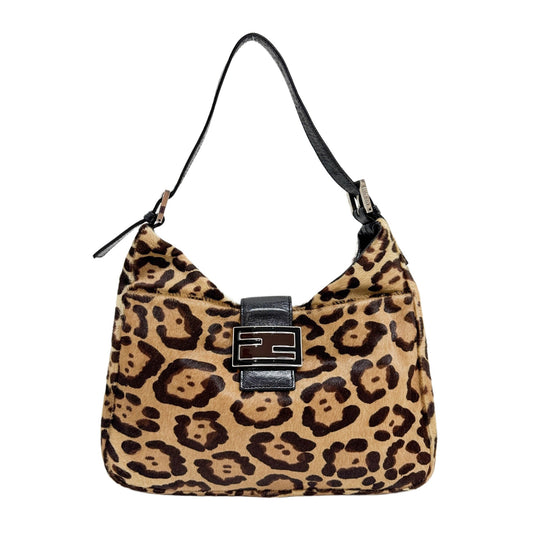Black Leather Trim Brown Leopard Print Pony Hair Shoulder Bag