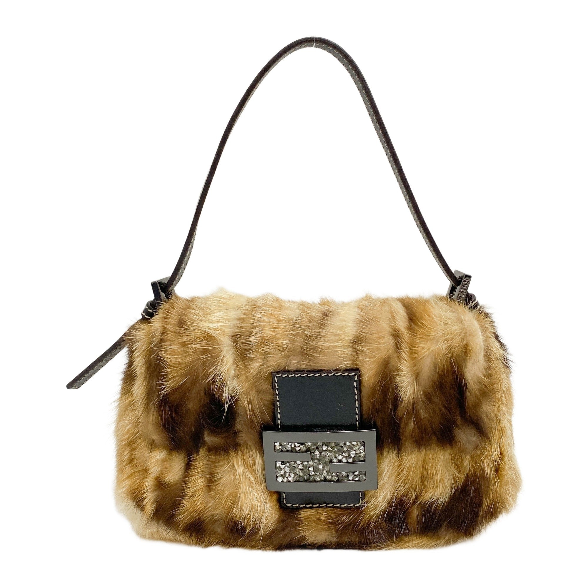 Mini Mamma Baguette Brown Mink Fur Handle Bag