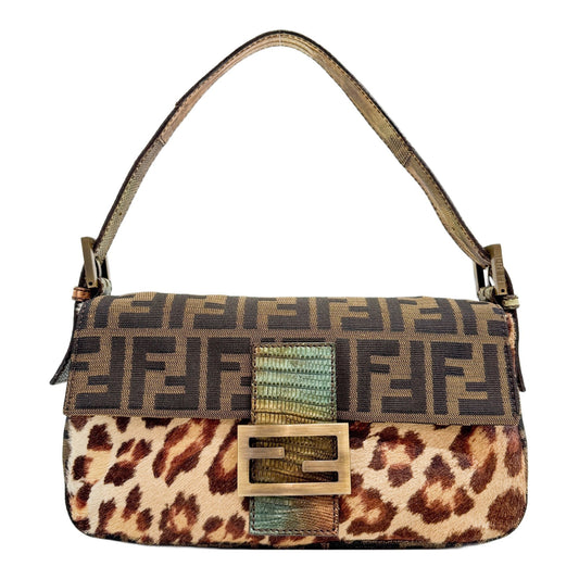 Baguette Brown Zucca Canvas & Pony Hair Shoulder Bag