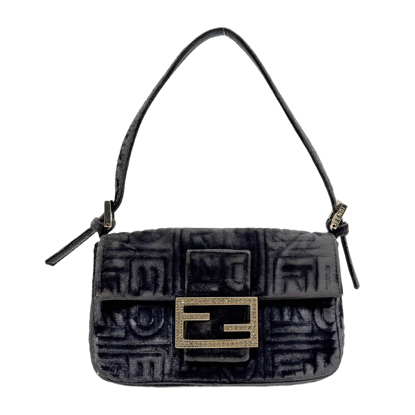 Mini Baguette Rhinestone Embellished Logo Charcoal Grey Architecture Logo Velvet Hand Bag