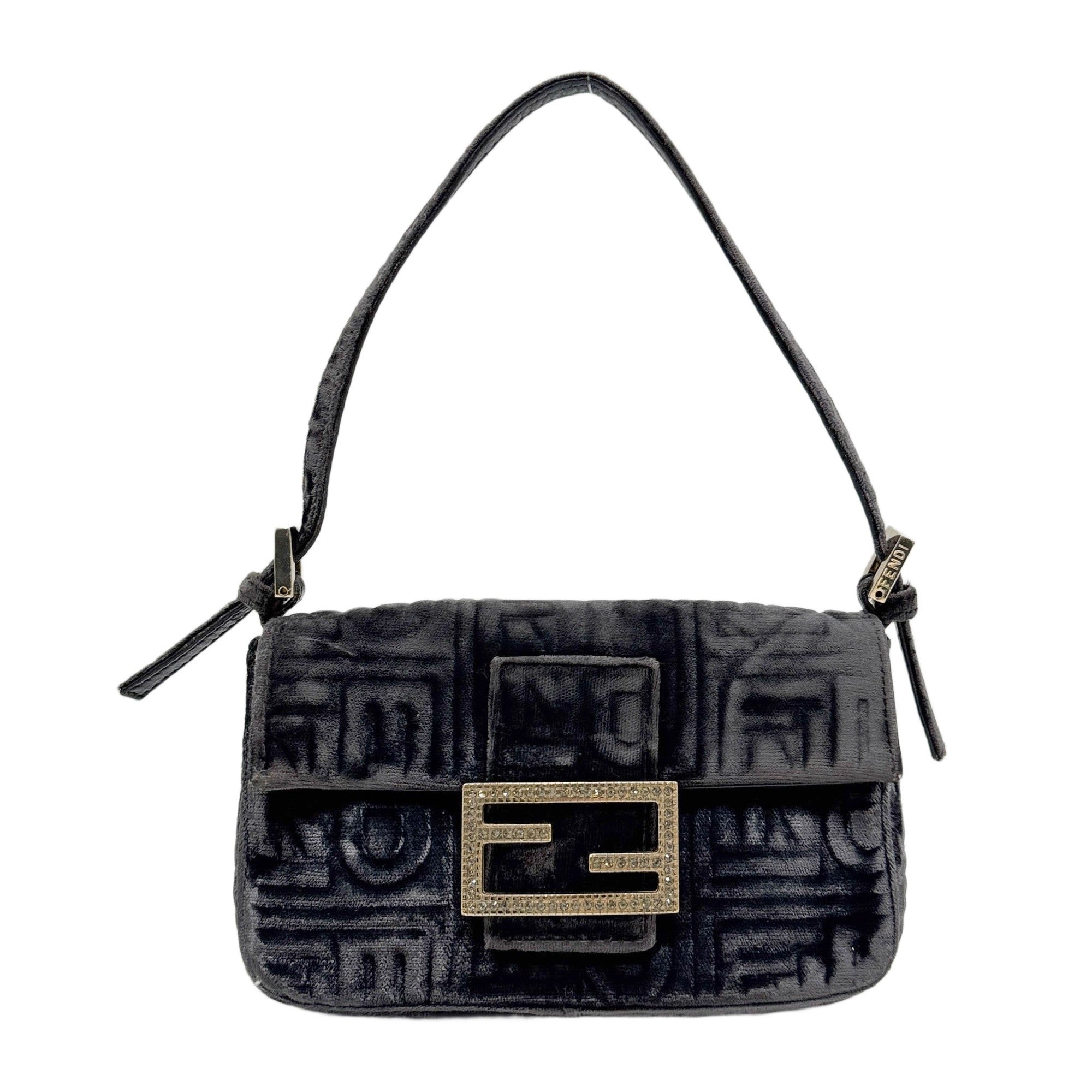 Mini Baguette Rhinestone Embellished Logo Charcoal Grey Architecture Logo Velvet Hand Bag