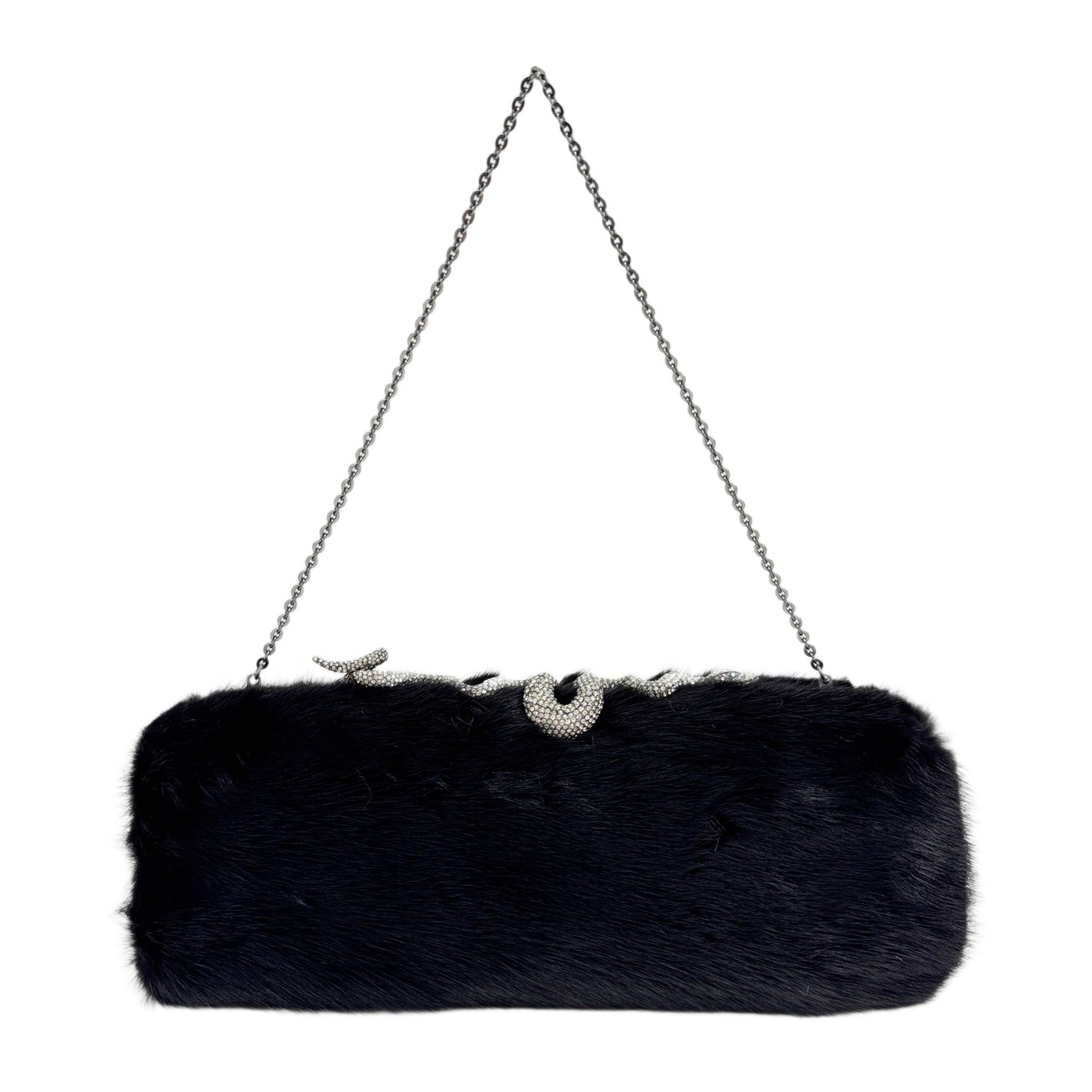 Bejeweled Snake Clasp Black Fur Two Way Bag