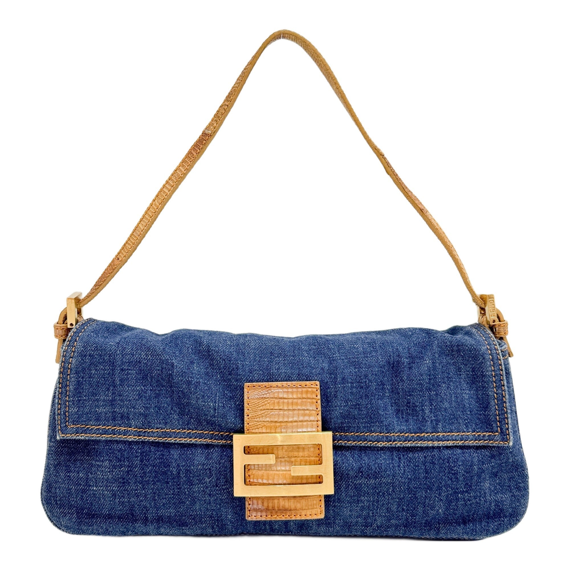 Baguette Lizard Trim Blue Denim Shoulder Bag
