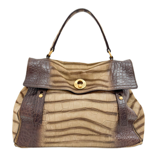 Muse 2 Brown Crocodile Embossed Suede and Leather Shoulder Bag