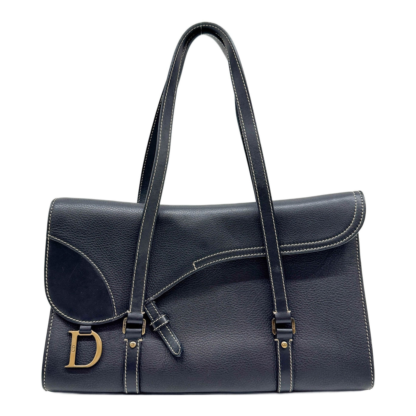 Double Saddle Black Leather Shoulder Bag