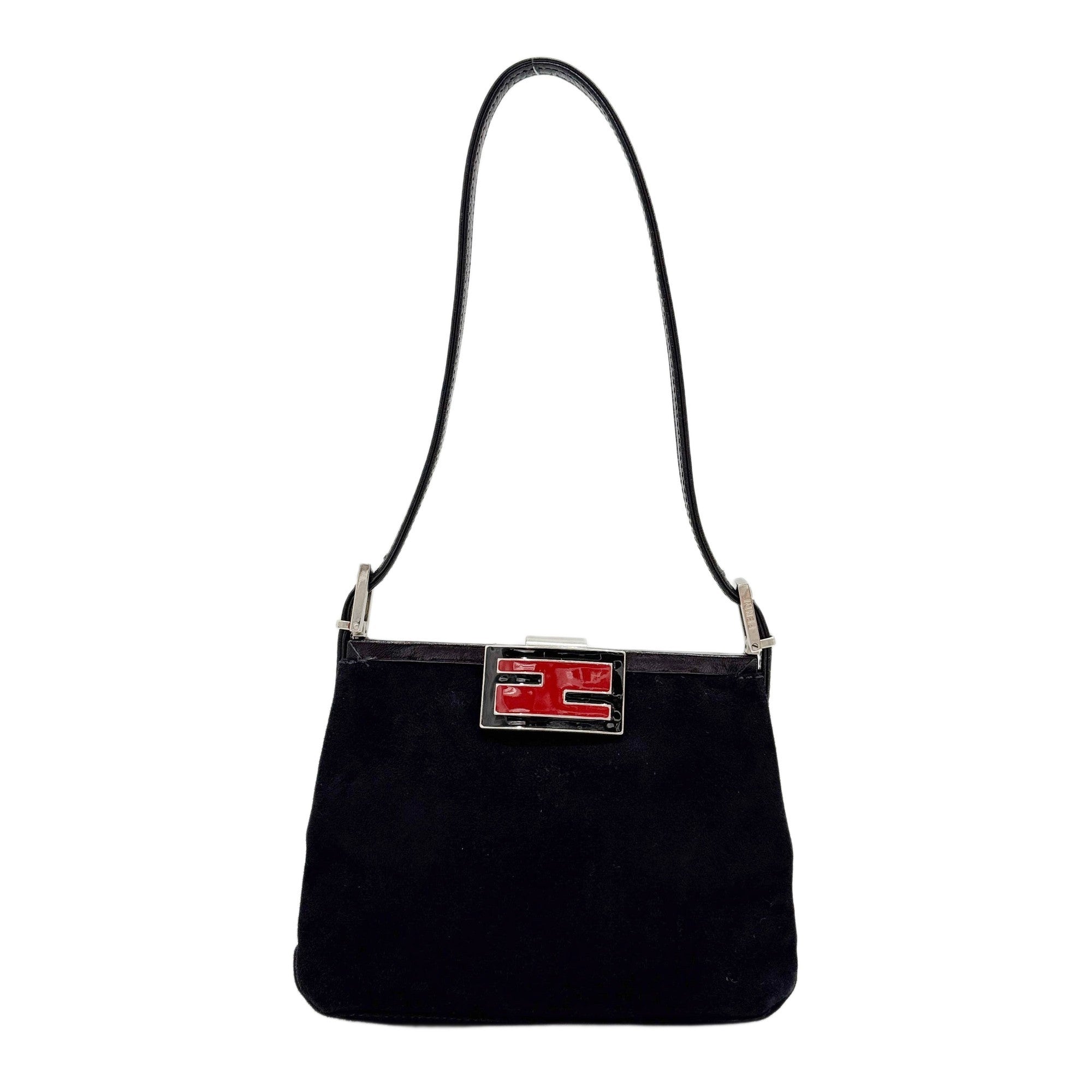 Logo Clasp Leather Trim Black Suede Shoulder Bag