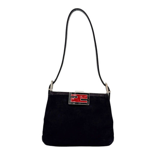 Logo Clasp Leather Trim Black Suede Shoulder Bag