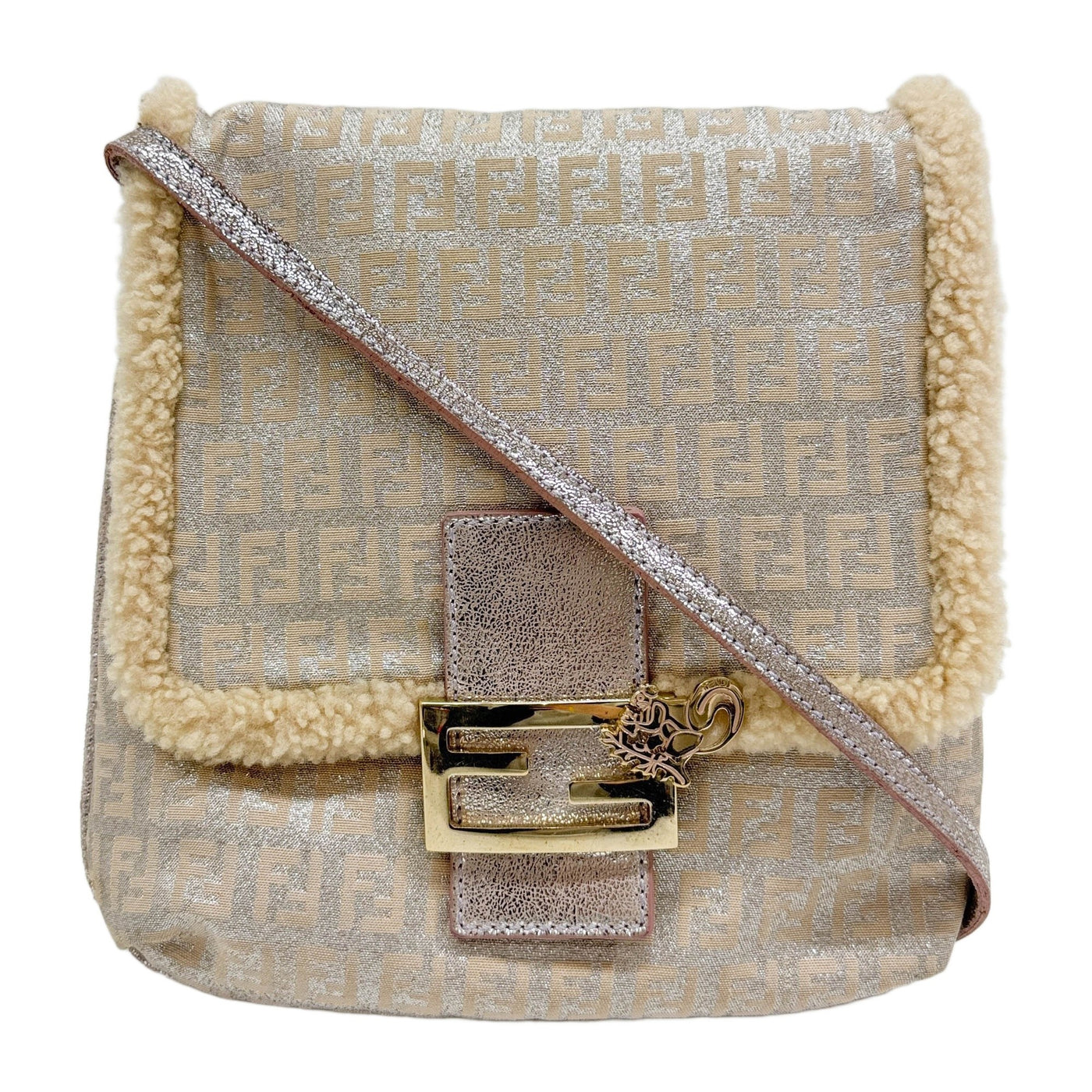 Shearling-Lined Flap Squirrel Charm Beige Zucchino Canvas Messenger Bag