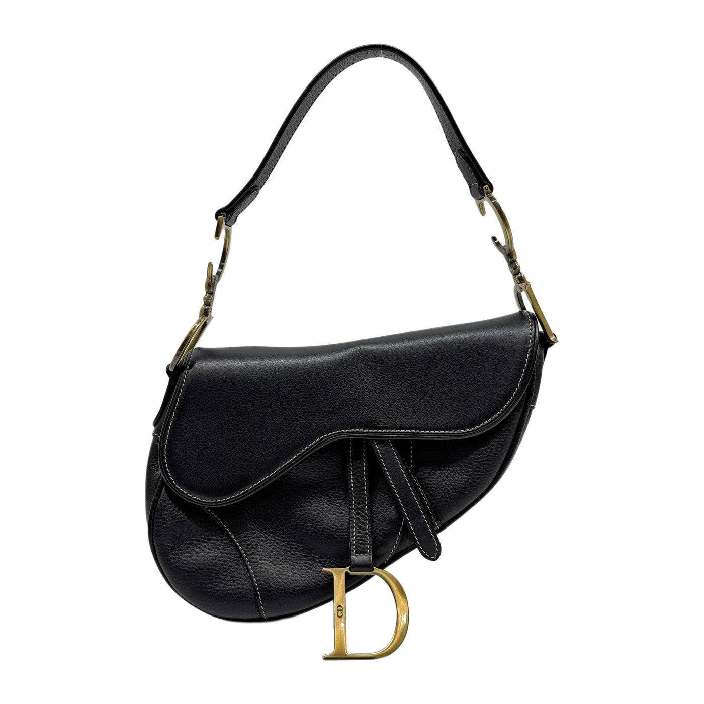 Saddle Gold Hardware Black Leather Shoulder Bag
