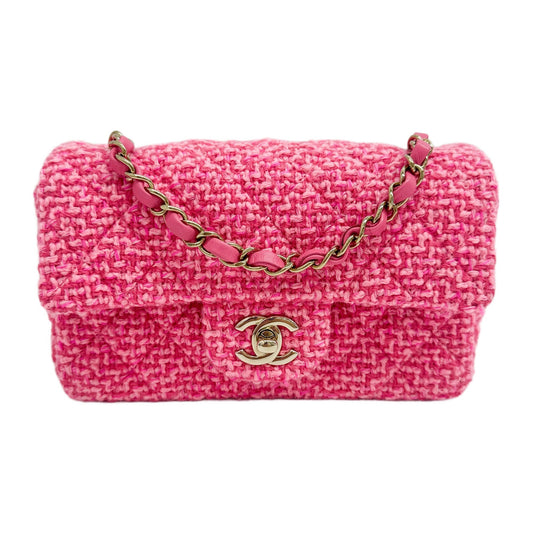 Rectangular Mini Classic Flap 2021-2026 Pink Tweed Shoulder Bag